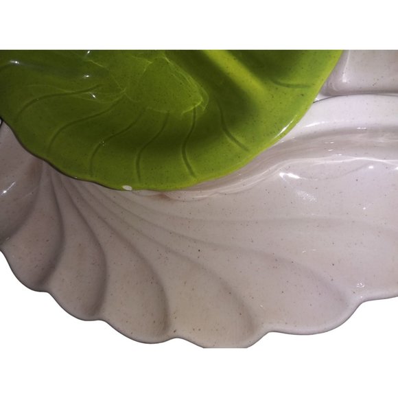 VTG Lane & Co Green Cream Ceramic Leaf Chip and Dip Lazy Susan Candy Dish 1960 - Picture 3 of 14